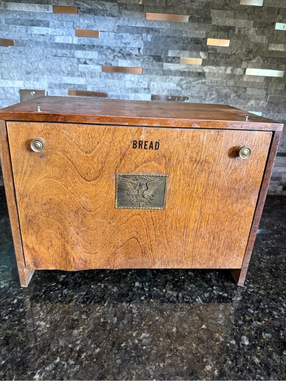 Vintage Japan Granny Core Eagle Emblem Wood Bread Box w Cutting Board Door